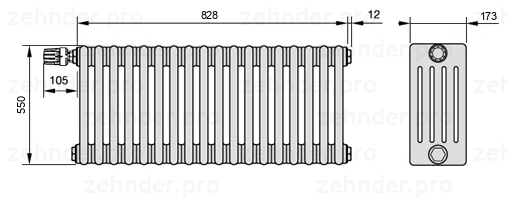 Схема (чертеж) Радиатор Zehnder Charleston 5055/18 №V011 Белый глянцевый RAL 9016